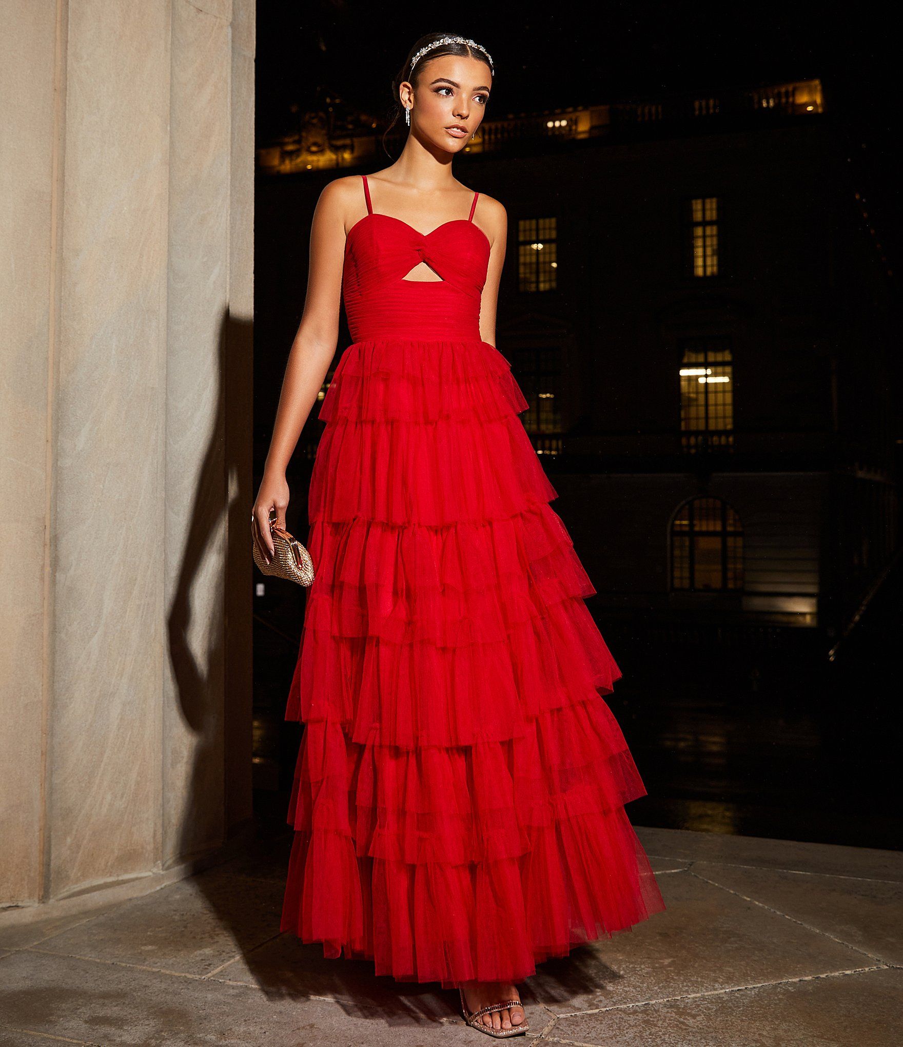 Front Cut-Out Sweetheart Neck Ruffled Tulle Tiered Ball Gown | Dillard's