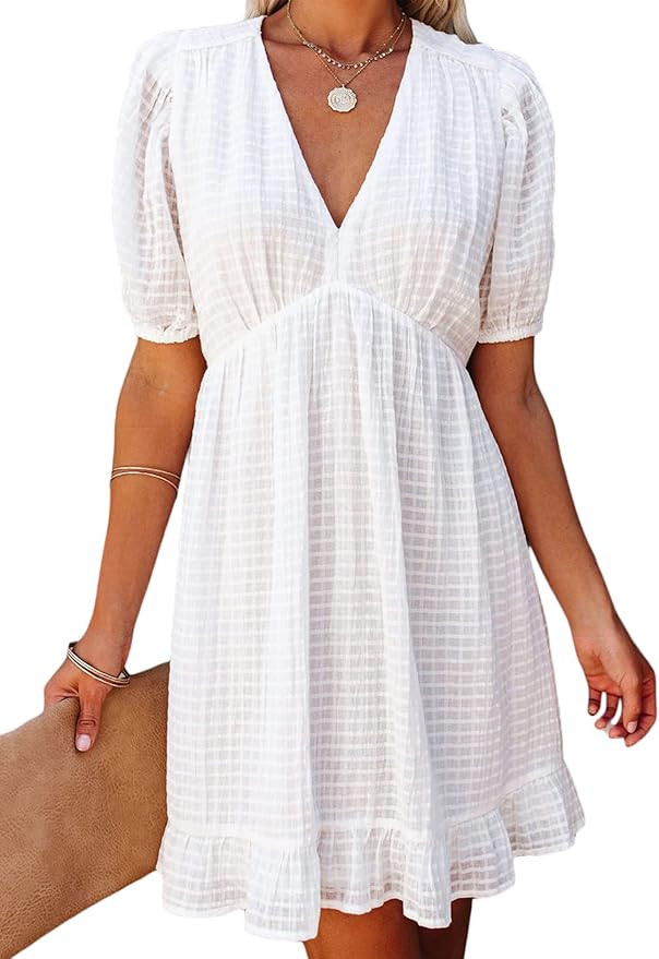 Sidefeel Womens Backless V Neck Solid Color Short Sleeve Ruffle Dress | Amazon (US)