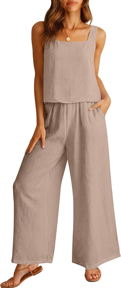 ANRABESS 2 Piece Sets for Women Outfits Lounge Matching Casual Travel Wide Leg Pants Crop Top Sum... | Amazon (US)