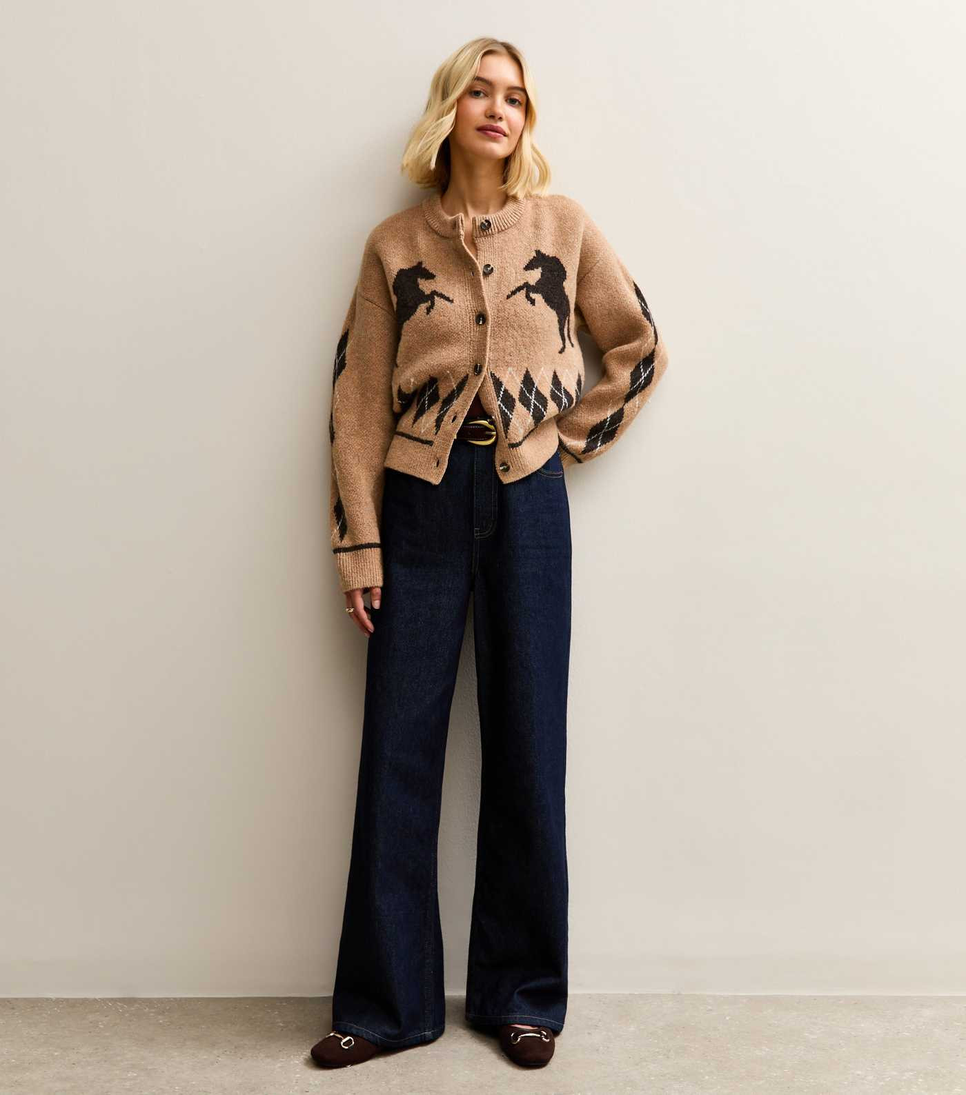 Brown Argyle Horse Knit Crew Neck Cardigan | New Look | New Look (UK)