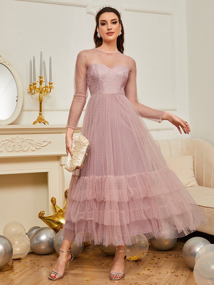 SHEIN Contrast Lace Ruffle Trim Dot Mesh Prom Dress | SHEIN