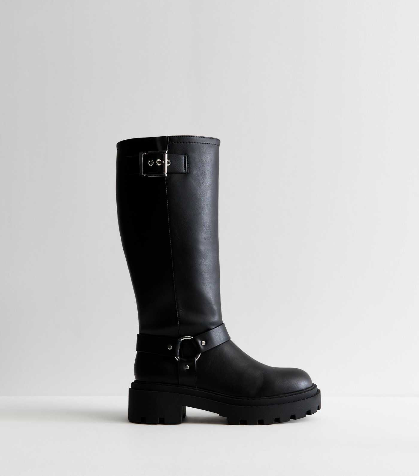 Extra Calf Fit Black Leather-Look Buckled Knee-High Biker Boots
						
						Add to Saved Items
	... | New Look (UK)