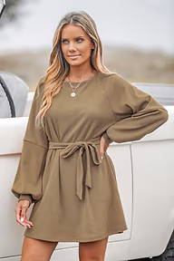 Belted Bishop Sleeve Rib Knit Mini Dress | Cupshe US