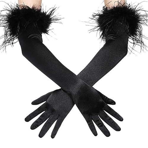 Acenail Black Feather Gloves Long Satin Gloves Opera Evening Gloves Elbow 1920s Party Gloves Bride Wedding Gloves Women Halloween Costume | Amazon (US)