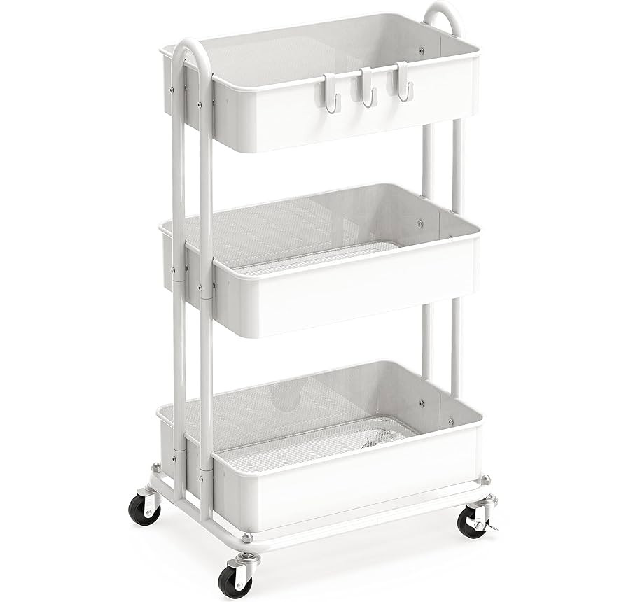 Simple Houseware 3-Tier Heavy Duty Metal Utility Rolling Cart, White | Amazon (US)