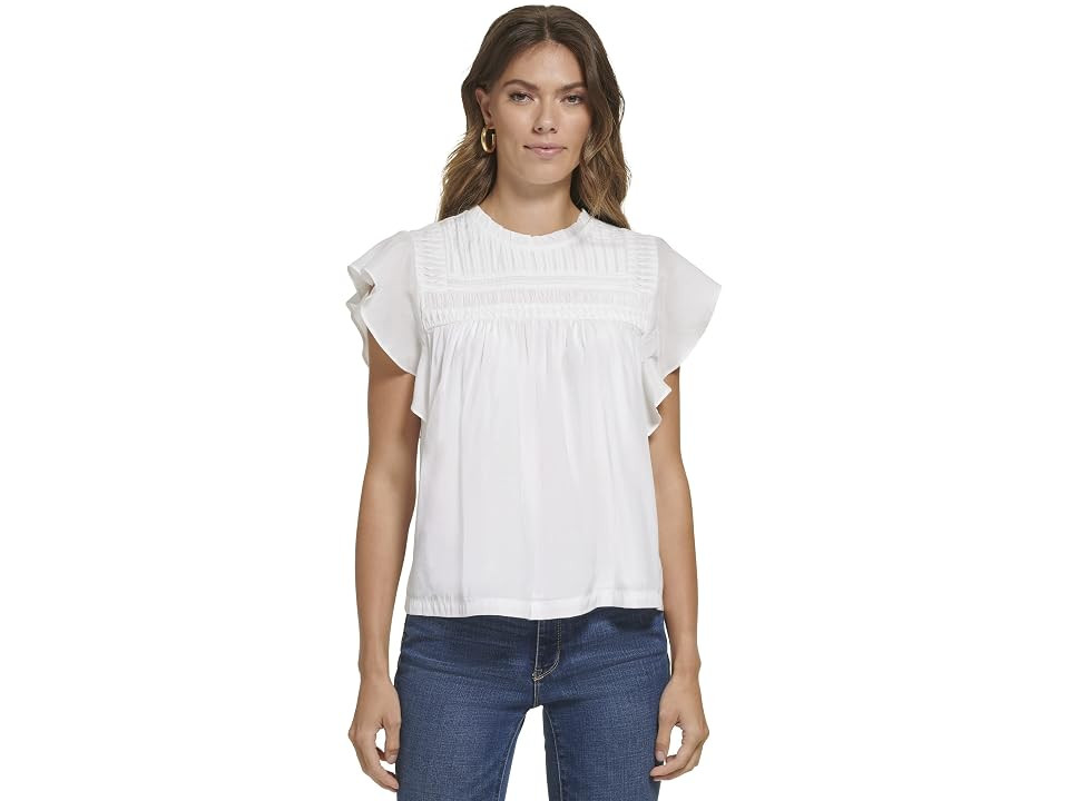 DKNY Flutter Sleeve Crew Neck Blouse (Linen/White) Women's Clothing | Zappos