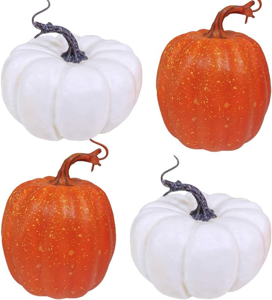 4 Pcs Artificial Pumpkins Rustic Faux Pumpkin White and Orange Pumpkins for Fall Decor Autumn Dec... | Amazon (US)