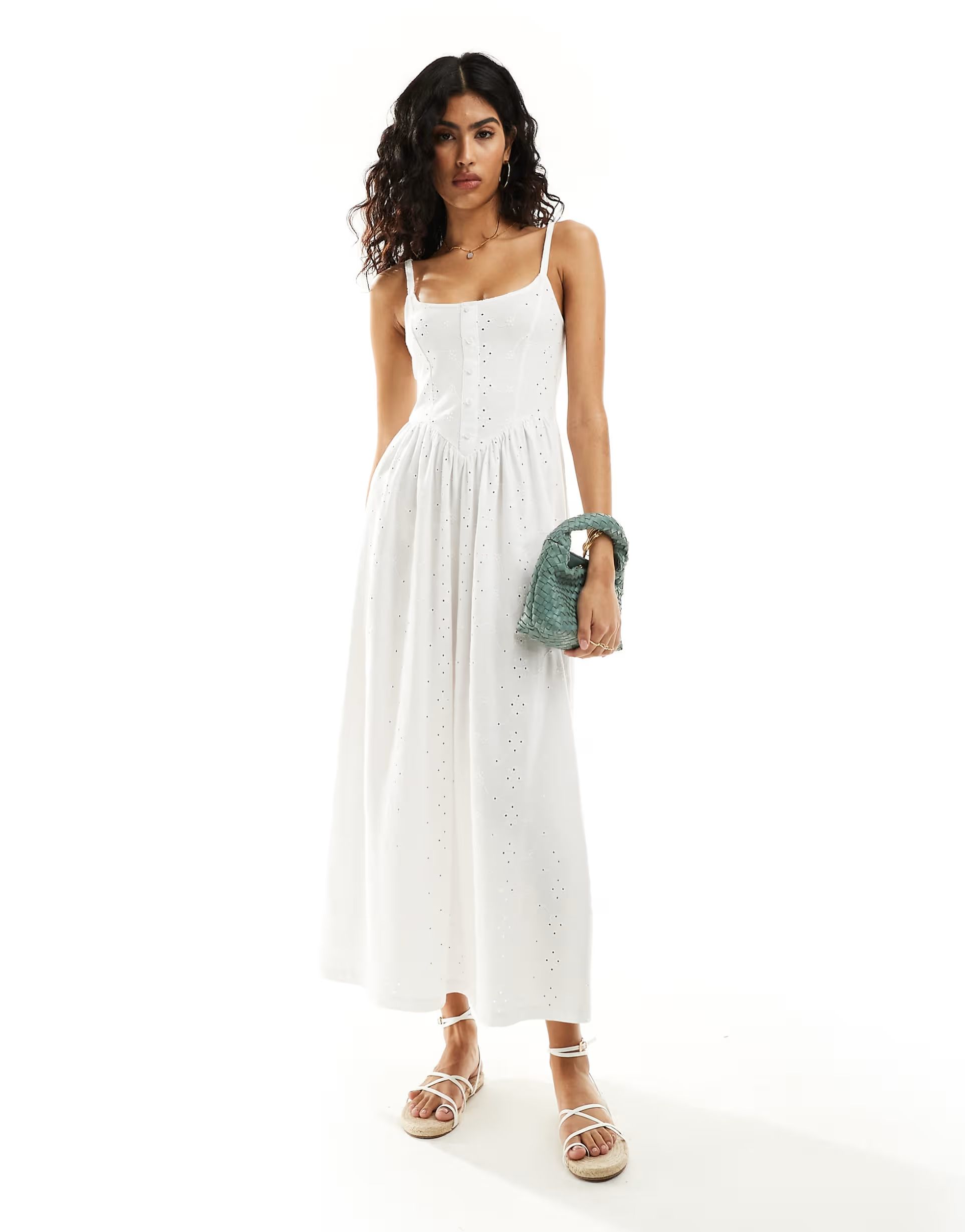 ASOS DESIGN cami with button front princess seam with full skirt broderie midi dress in white | ASOS (Global)