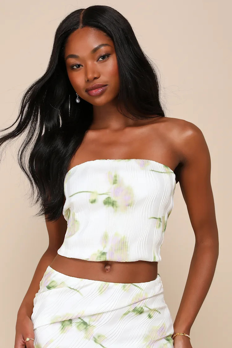 Enviable Sweetness Ivory Floral Wavy Pleated Strapless Top | Lulus