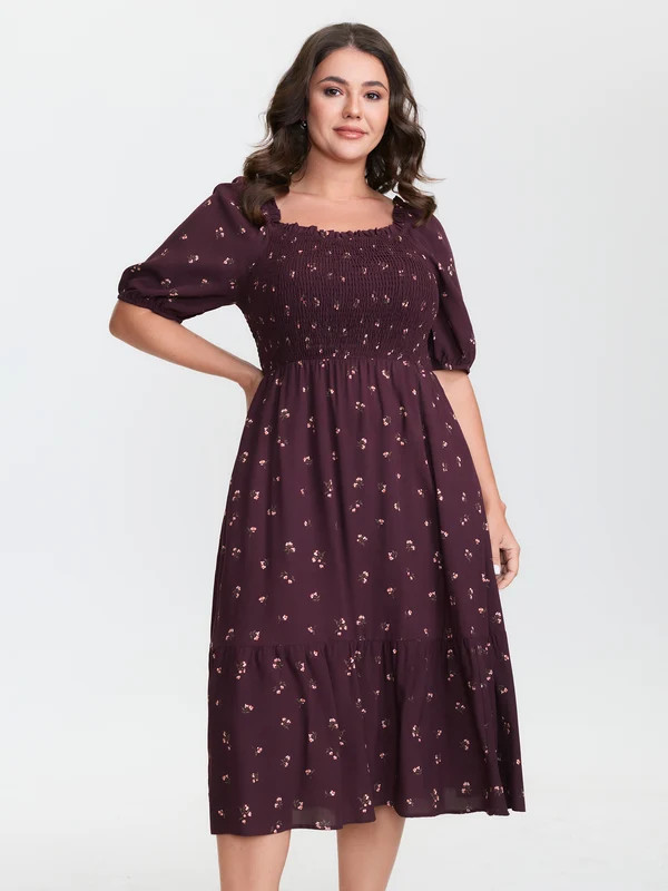 Micro Floral Shirred Bodice Midi Dress | Bloomchic