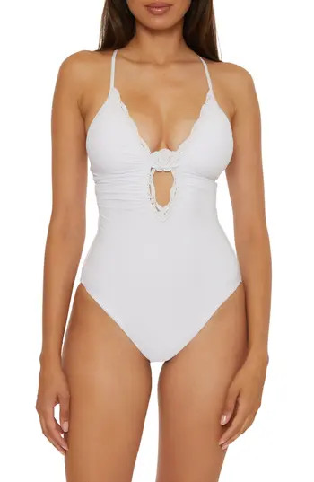 Becca Colette Rosette Plunge One-Piece Swimsuit in White at Nordstrom Rack, Size Large | Nordstrom Rack