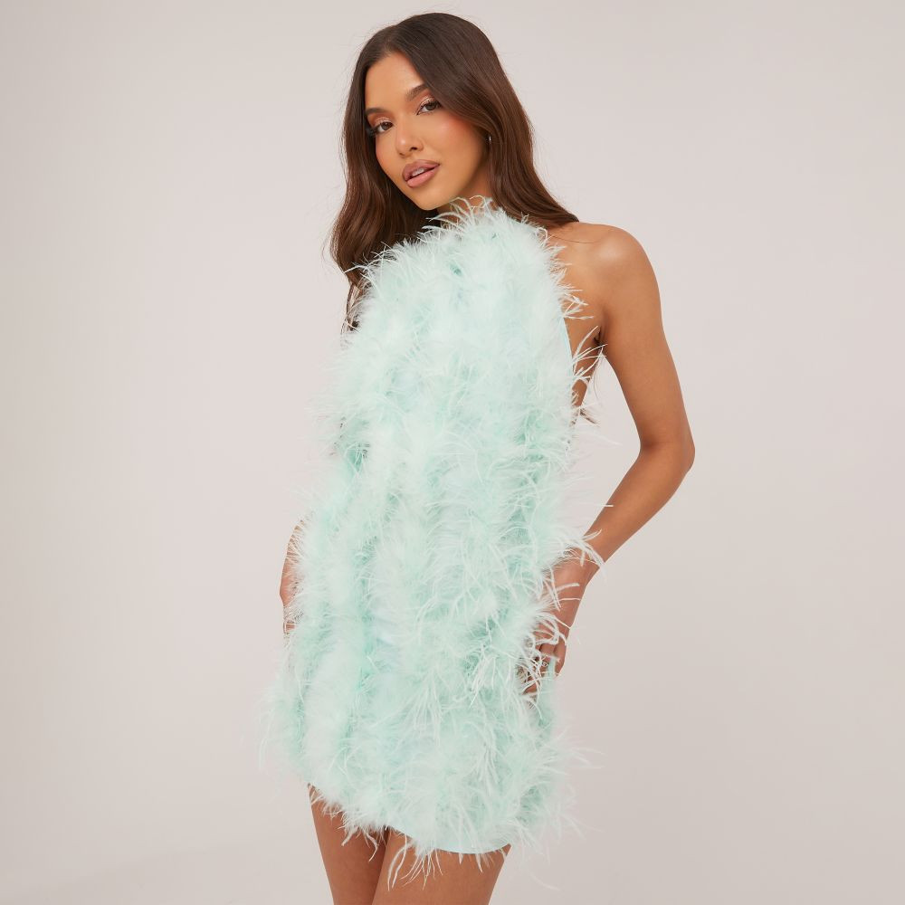High Neck Open Back Mini Bodycon Dress In Mint Green Faux Feather | EGO Shoes (US & Canada)