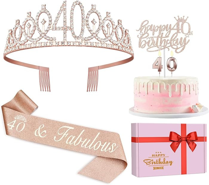 40th Birthday Decorations for Women, Including Crown/Tiara, Sash, Cake Topper and Candles, 40th B... | Amazon (US)