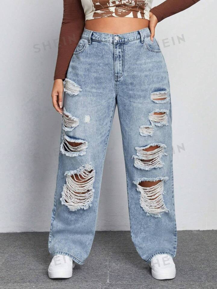 SHEIN EZwear Plus High Waist Ripped Wide Leg Jeans | SHEIN