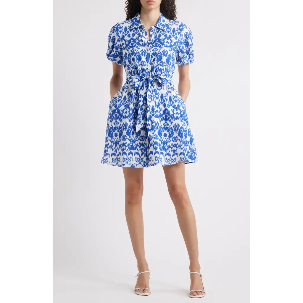 Sam Edelman Puff Sleeve Tie Waist Shirtdress in Cobalt/White at Nordstrom, Size 6 | Nordstrom