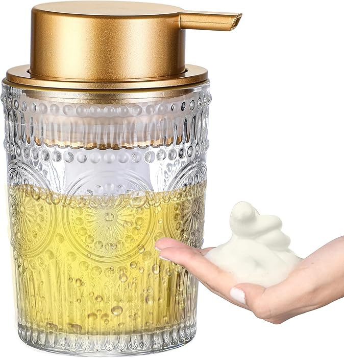 8 Oz Glass Foam Soap Dispenser, Clear Hand Liquid Bottles with Gold Plastic Pump, Refillable Roun... | Amazon (US)
