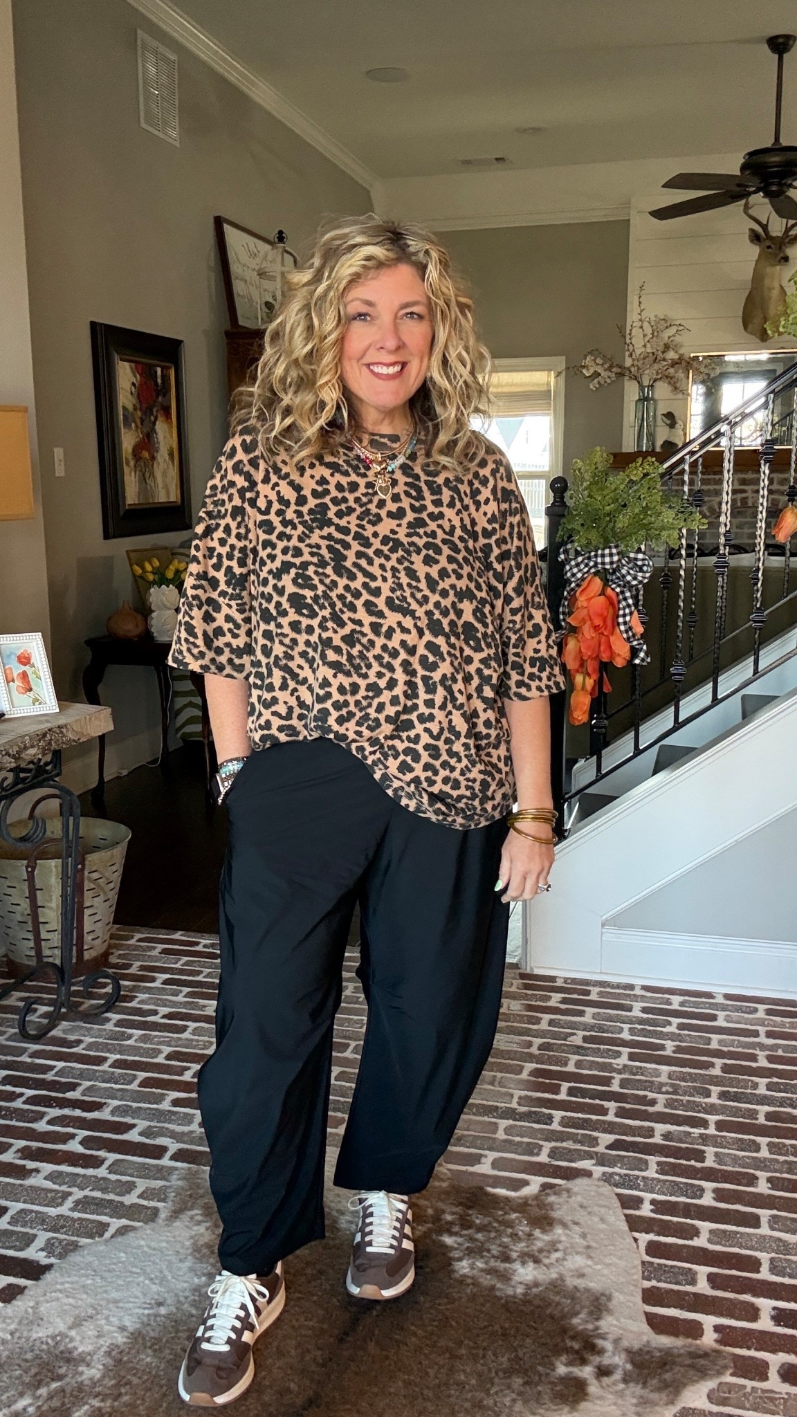 Comfy ootd 
Wearing L in pants 
Xl in T 

#LTKmomlife #LTKootd #LTKOver40