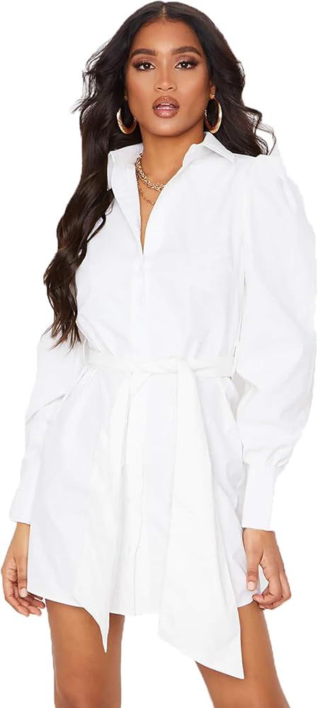 Women's Button Down Shirt Dress Long Sleeve Drawstring Business Blouse Dresses | Amazon (US)