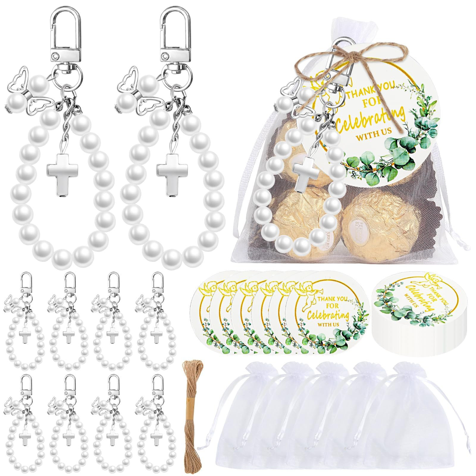 50 Sets Wedding Favors for Guests, Angel Pearl Keychain Wristlets with Thank You Cards Organza Ba... | Amazon (US)