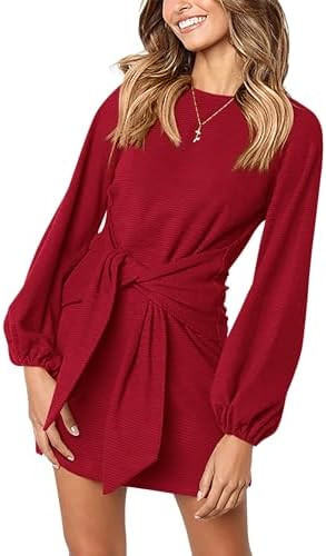 PRETTYGARDEN Womens Spring Elegant Long Lantern Sleeve Short Dress Wedding Guest Crewneck Tie Wai... | Amazon (US)