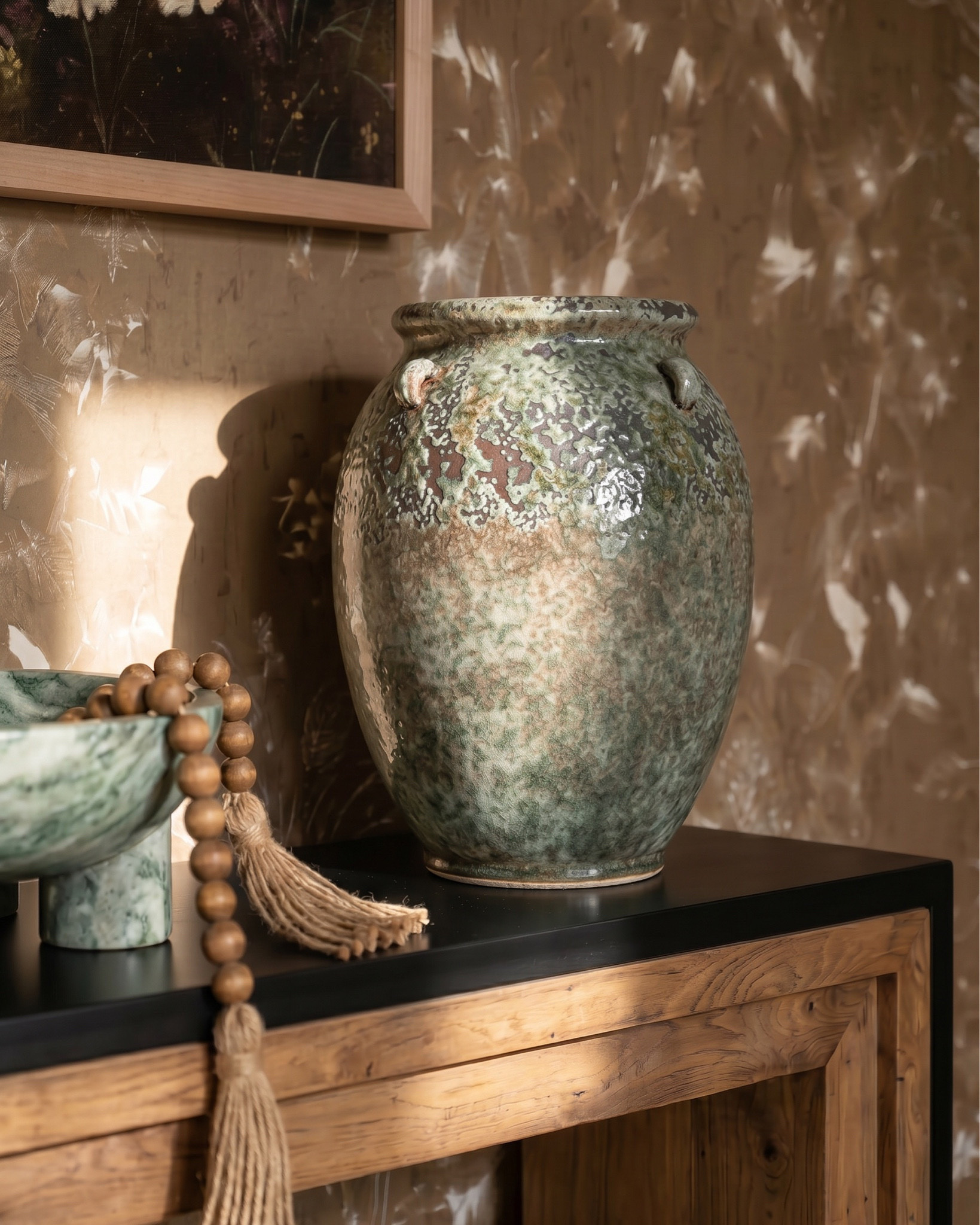 Shop the look:
* wood console table modern rustic entryway
* two tone console table wood and black
* Decor wood beads
* boucle ottoman small round cream stool
* modern brass wall sconces white glass
* round globe pendant light brass ceiling
* floral wallpaper neutral beige textured wall
* large framed floral artwork moody tones
* green ceramic table lamp modern base
* decorative ceramic vases neutral home decor
* entryway rug green textured runner
* cream sofa modern curved couch
* boucle ottoman round set neutral
* wood coffee table square chunky
* green geometric area rug modern
* marble fireplace surround white stone
* wood accent chair neutral upholstery
* built in shelving dark green cabinet
* decorative tray coffee table styling
* neutral throw blanket green textured
* modern wall sconce brass globe

#LTKhome #LTKsale #LTKstyletip