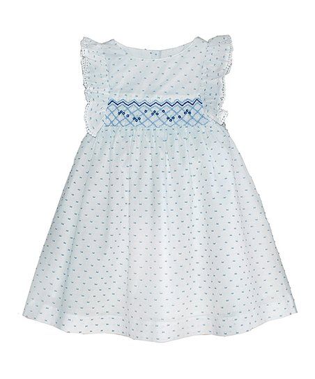 White & Blue Pin Dot Smocked Angel-Sleeve Dress - Infant, Toddler & Girls | Zulily