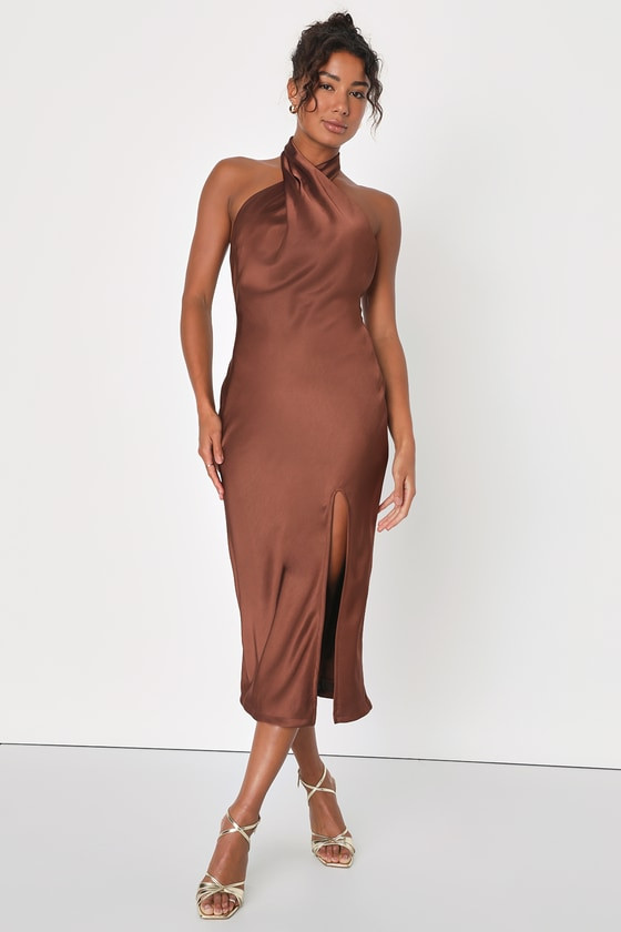 Beyond Classy Brown Satin Halter Midi Dress | Lulus
