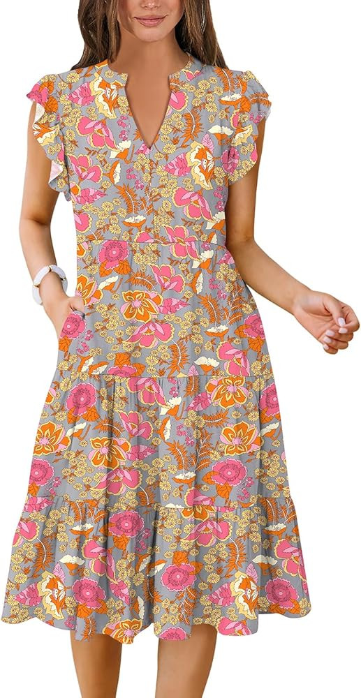 ANRABESS Womens Summer Ruffle Sleeve V Neck Midi Dress 2024 Fashion Casual Fit Flowy Tiered Boho ... | Amazon (US)