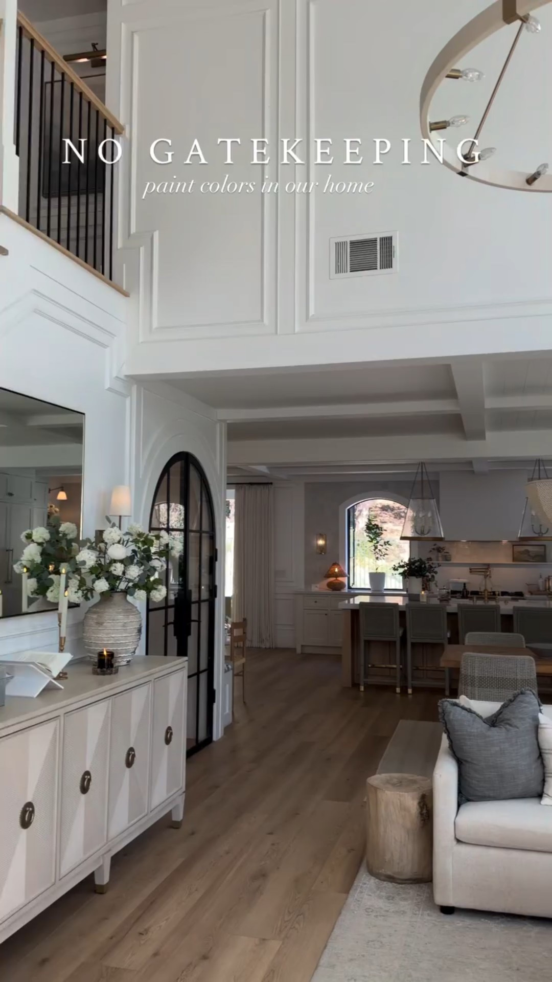 Paint colors in our home:

	•	Chantilly Lace by Benjamin Moore
Color-drenched (walls, ceiling, living room fireplace & hood) 
Satin finish (ceiling is flat)

	•	Flagstone by Sydney Harbour’s Paint Co.
Family room fireplace
(Stone paint fine finish) 

	•	Cape May Cobblestone by Benjamin Moore
Pantry, wet bar & doors
Satin finish
doors at 50% tint 

	•	Natural Cream by Benjamin Moore
Dining room & kitchen cabinets
Satin finish — 
25% tint