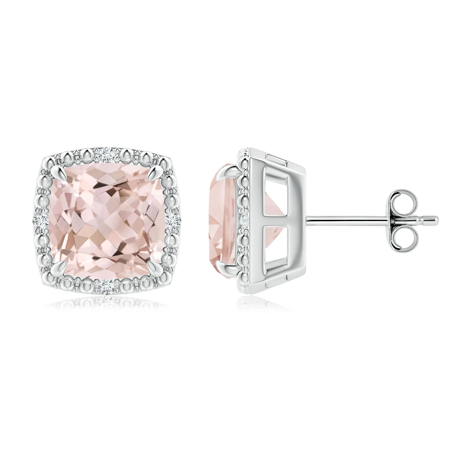 Claw-Set Cushion Morganite Beaded Halo Stud Earrings | Angara | Angara US