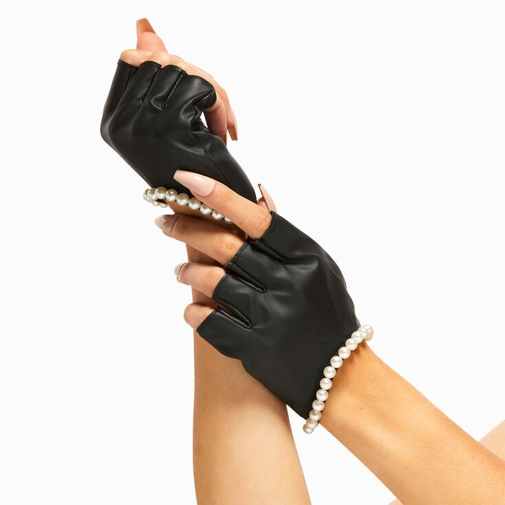 Pearl Trim Black Faux Leather Fingerless Gloves | Claire's (US)