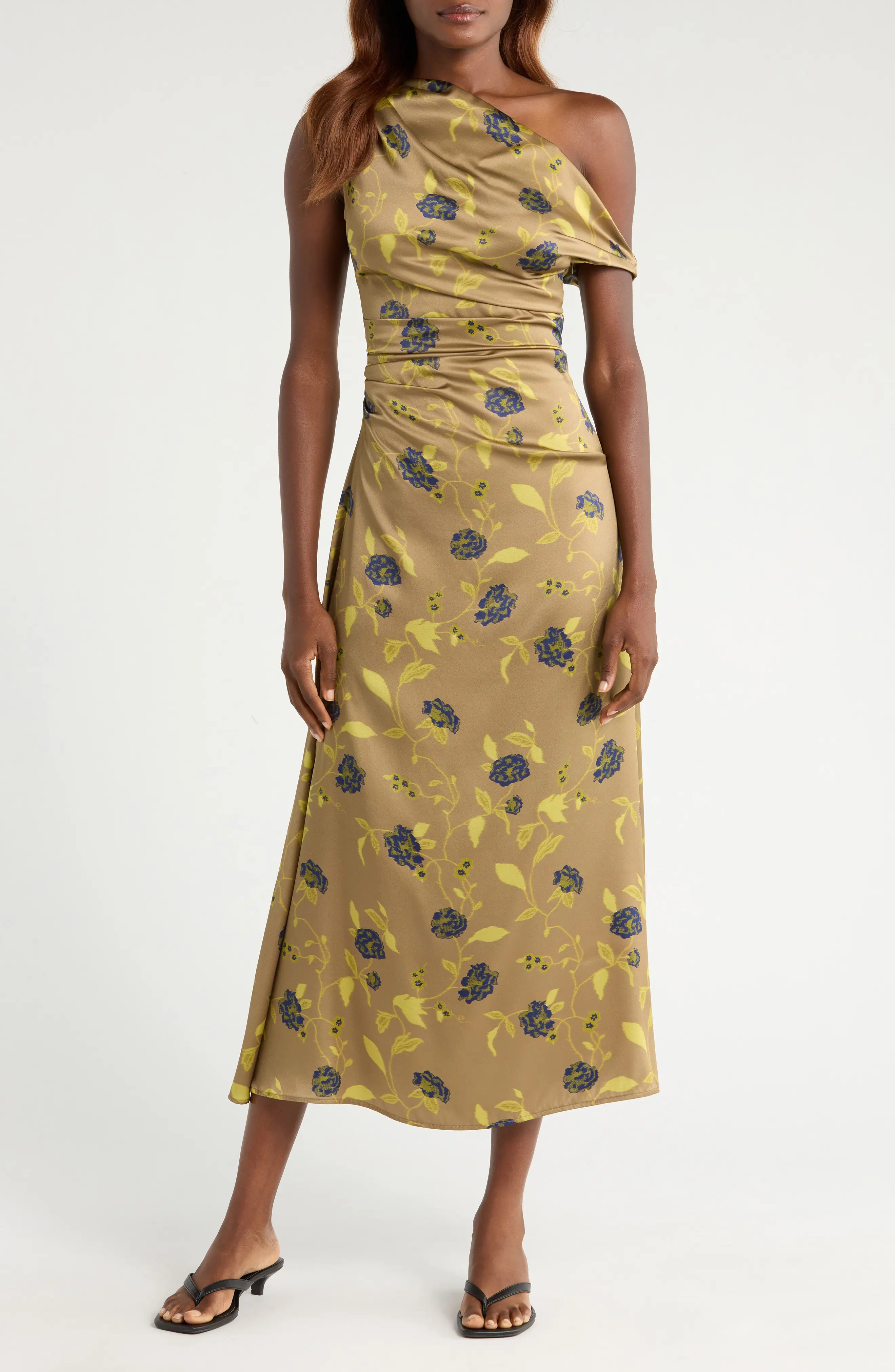 STAUD Phare One-Shoulder Stretch Silk Midi Dress in Vintage Floral at Nordstrom, Size 6 | Nordstrom
