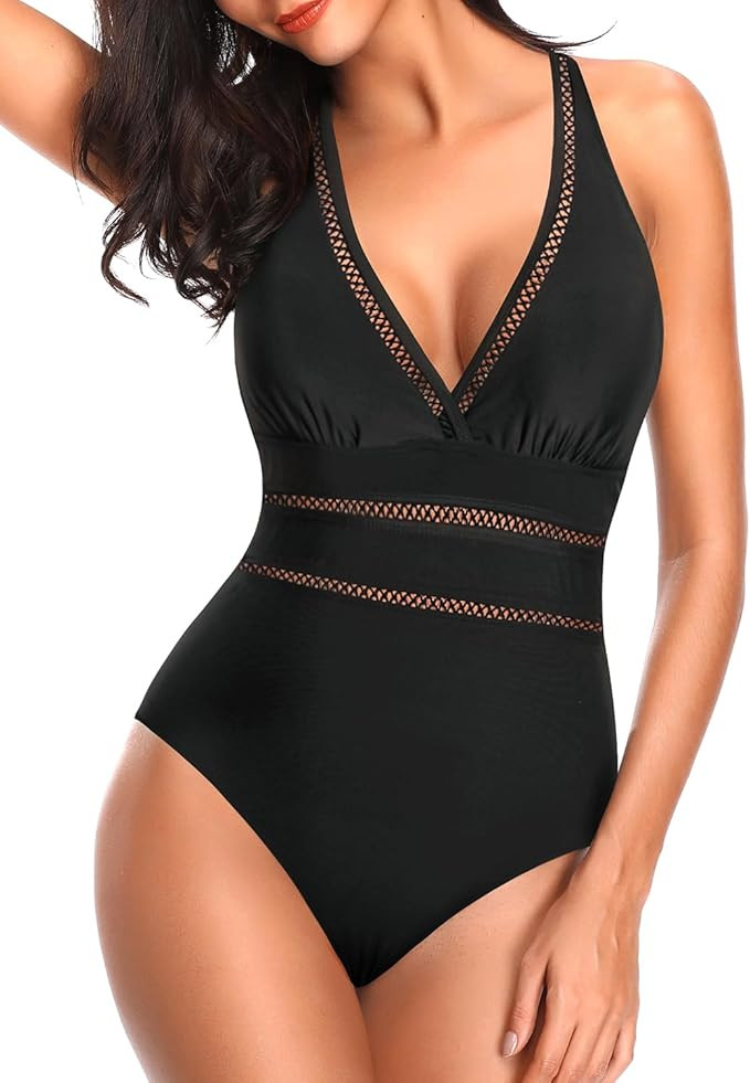 Tempt Me Women Halter Plunge V Neck One Piece Swimsuits Sexy Mesh Hollow Out Bathing Suits | Amazon (US)