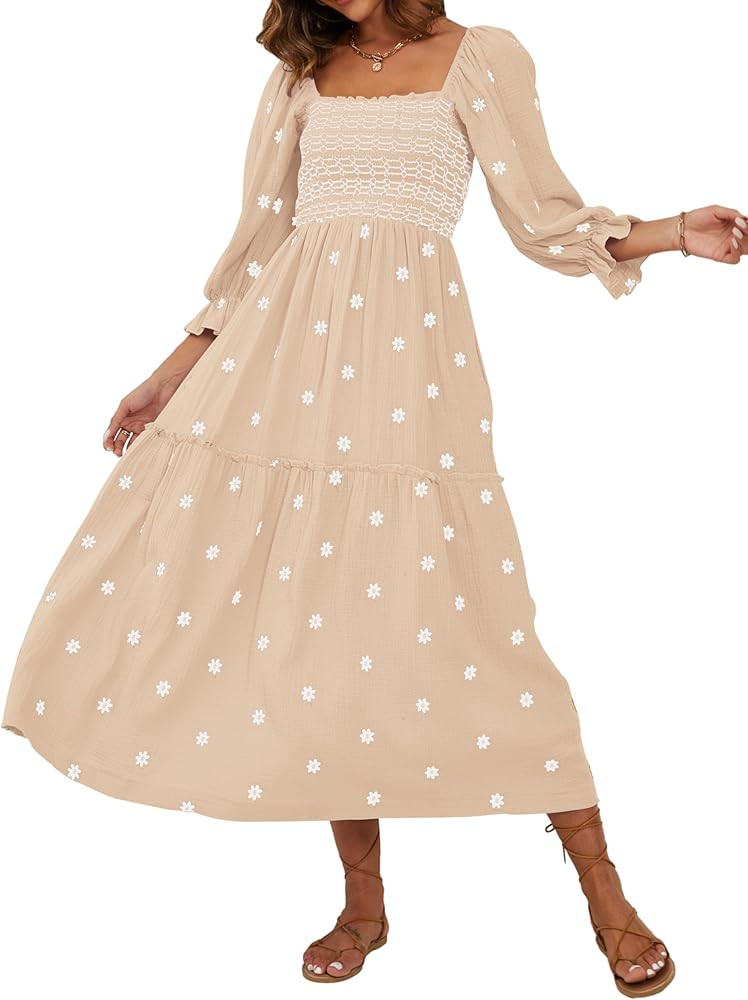 Bairmild Women's Flower Embroidered Maxi Dress Flowy Lantern Puff Sleeve Square Neck Casual Sprin... | Amazon (US)