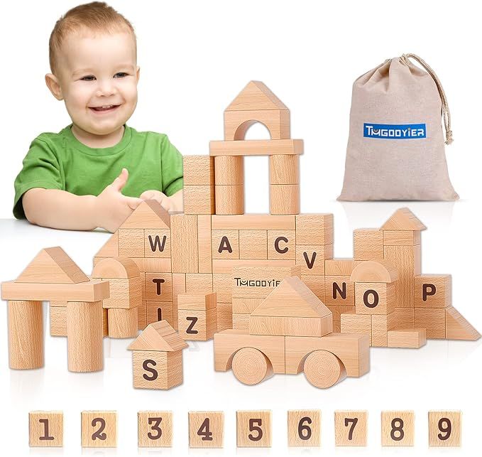 QODOFLR 86 PCS Toddler Blocks Building Block Toys Wooden Blocks Kids Blocks Kids Natural Wood Sta... | Amazon (US)