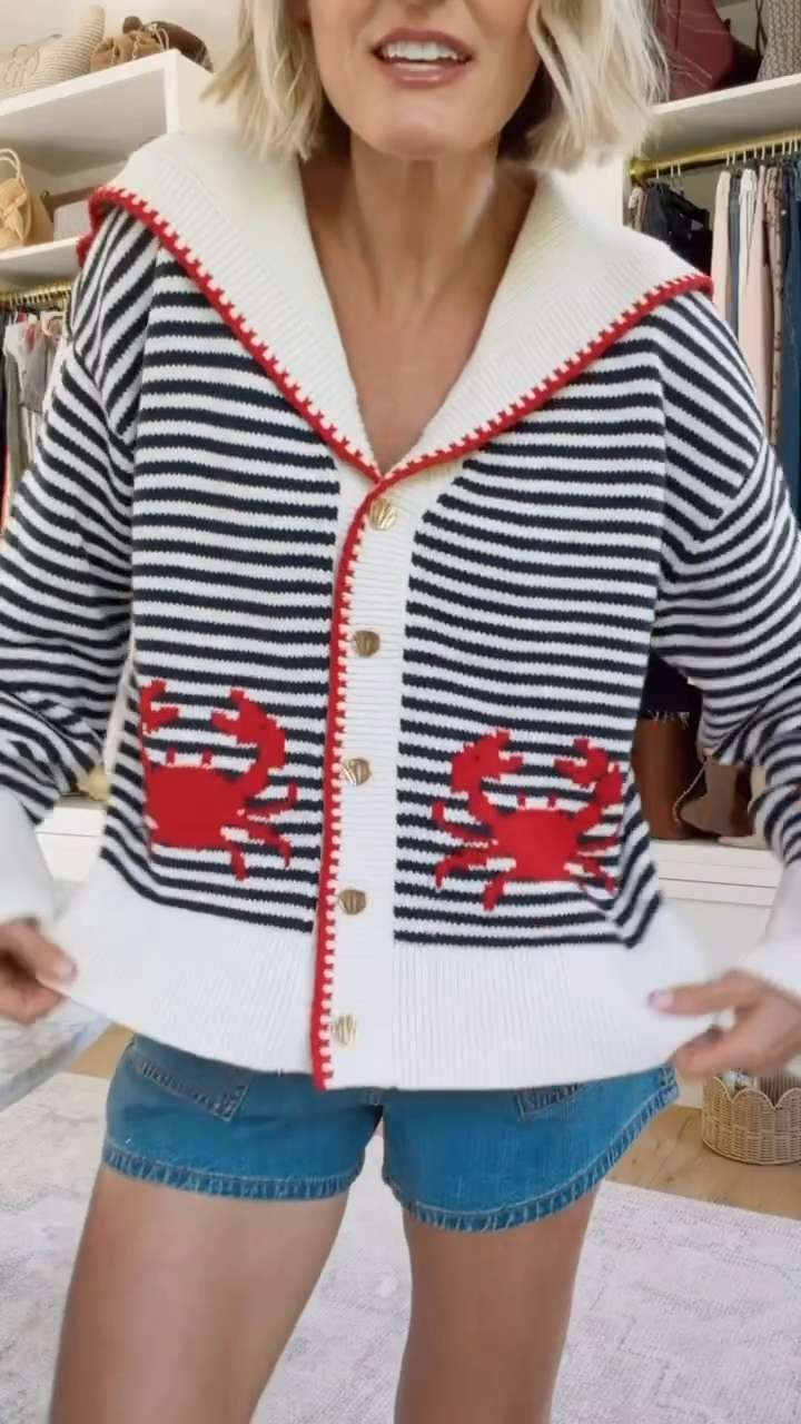 How fun is this nautical cardigan? Obsessed with the sailor style collar and crab embroidery! This would be a perfect statement piece option for vacation, especially if you're headed to the northeast! Wearing S/27

Loverly grey, northeastern style, montauk, portland, nantucket, outfit ideas vacation, preppy coastal style aesthetic, abercrombie finds 

 #LTKootd #LTKSeasonal #LTKTravel