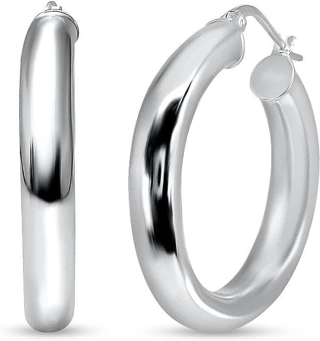 Thick Chuncy Hoops, 925 Sterling Silver High Polished 4mm Wide Round-Tube Click-Top, Hoop Earring... | Amazon (US)