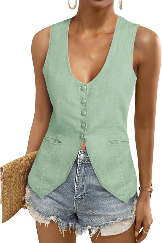 Tankaneo Womens Scoop Neck Blazer Vest Summer Linen Sleeveless Fitted Waistcoat Work Casual Cotto... | Amazon (US)