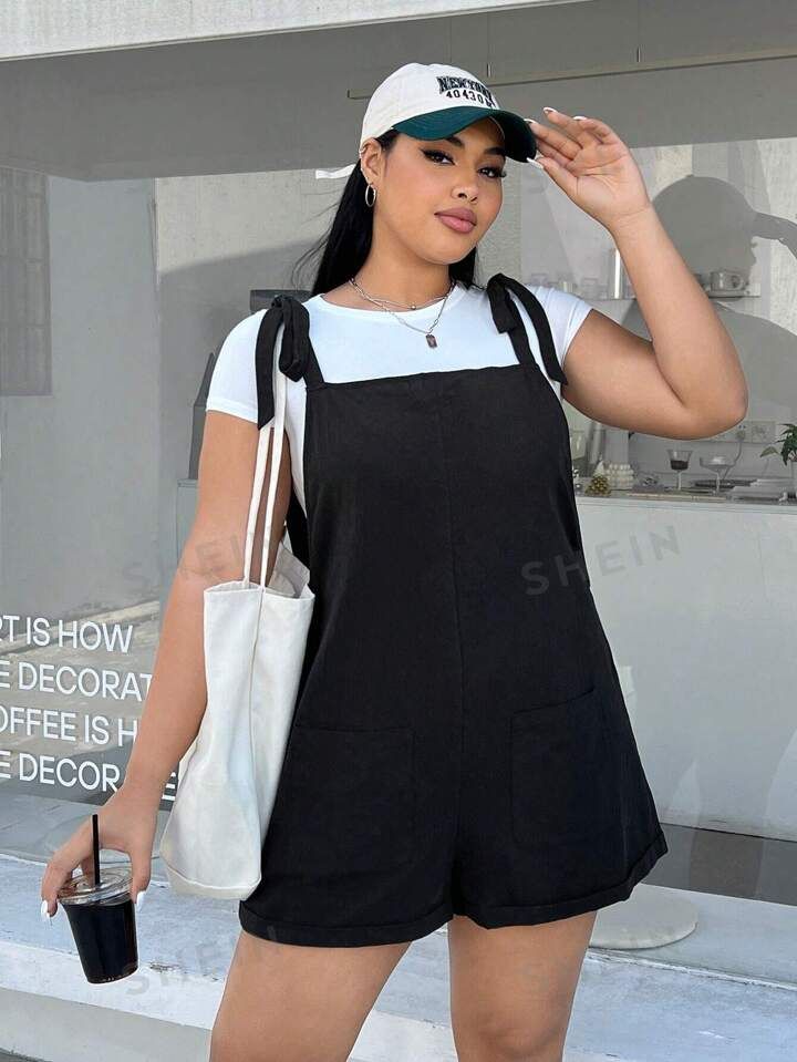 SHEIN EZwear Plus Size Black Woven Knot Cami Romper | SHEIN
