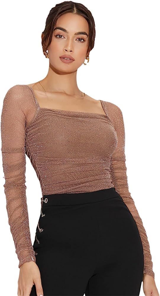 Floerns Women's Contrast Mesh Square Neck Long Sleeve Glitter Tee Shirt | Amazon (US)