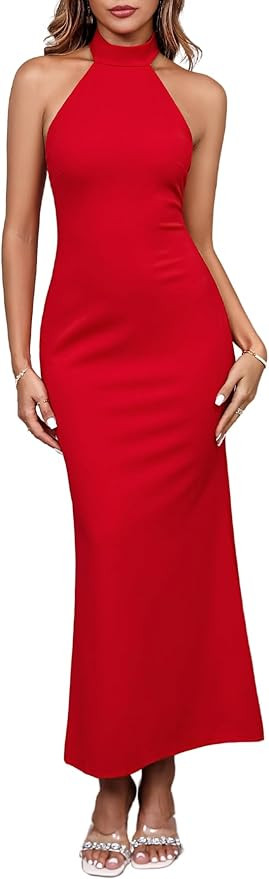 Parthea Women's Elegant Sleeveless Halter Neck Formal Bodycon Wedding Guest Evening Party Maxi Dr... | Amazon (US)