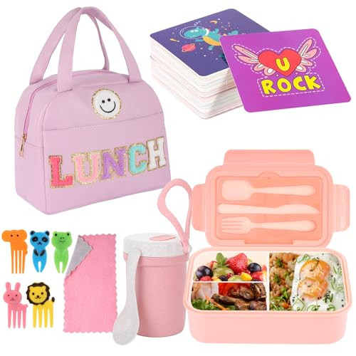 77 Pieces Bento Box Lunch Box Kit Large Pink Insulated Lunch Bag 3 Layer Stackable Leakproof Lunch Box Containers with Cup,Lunch Bag,Spoon,Fork,60 Pieces Lunch Box Notes for Girl Women (Purple) | Amazon (US)