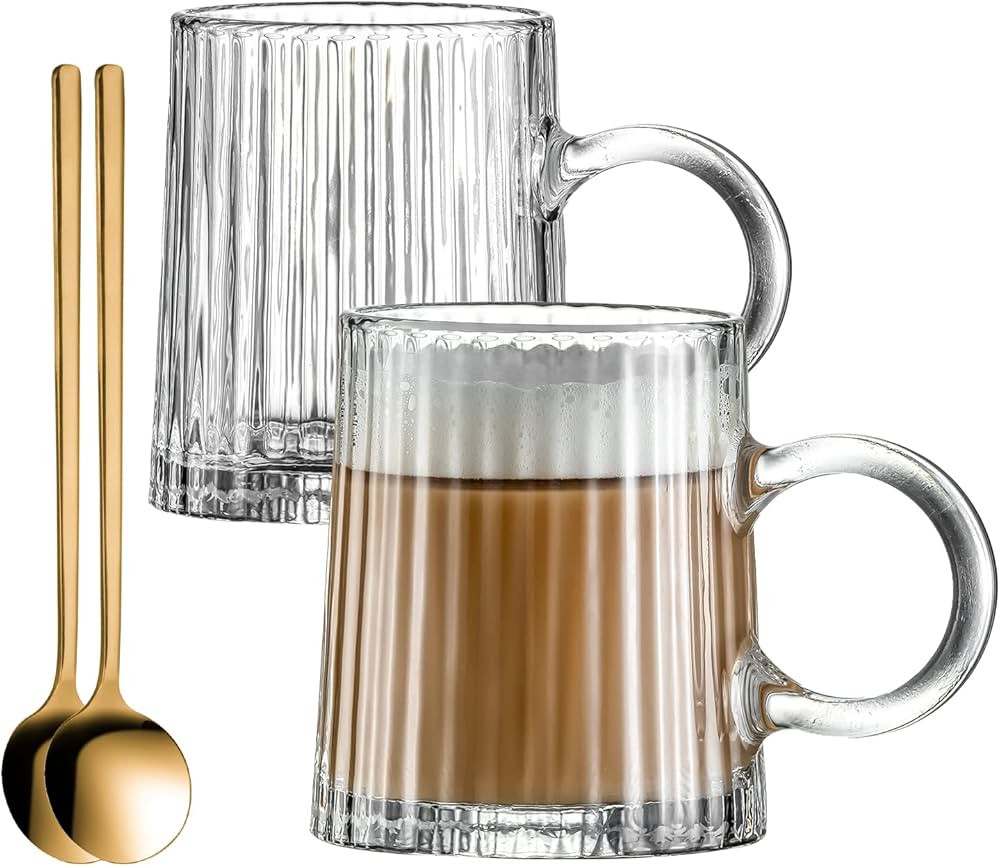 Buaic Glass Coffee Mugs, 10 Oz Set of 2 Vertical Stripes Glass Cups Vintage Coffee Cups, Tea Cups... | Amazon (US)