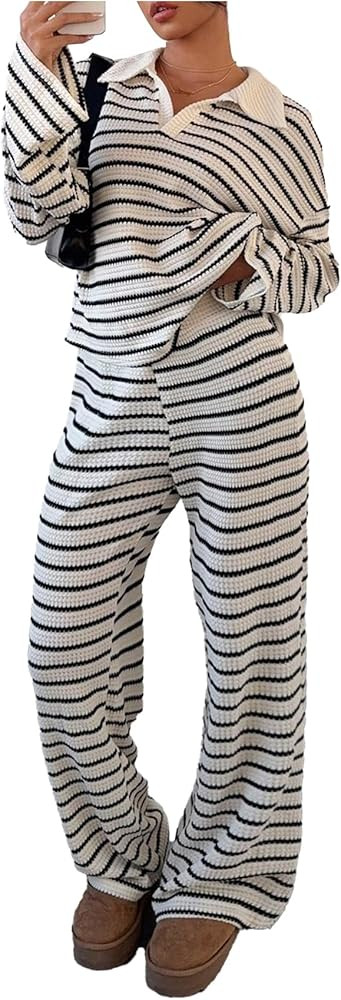 MakeMeChic Striped Lounge Set 2 Piece Sweater Sets for Women Going Out Travel Outfit | Amazon (US)
