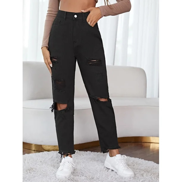 Women's Ripped Raw Hem Mom Jeans 21760W31112 - Walmart.com | Walmart (US)