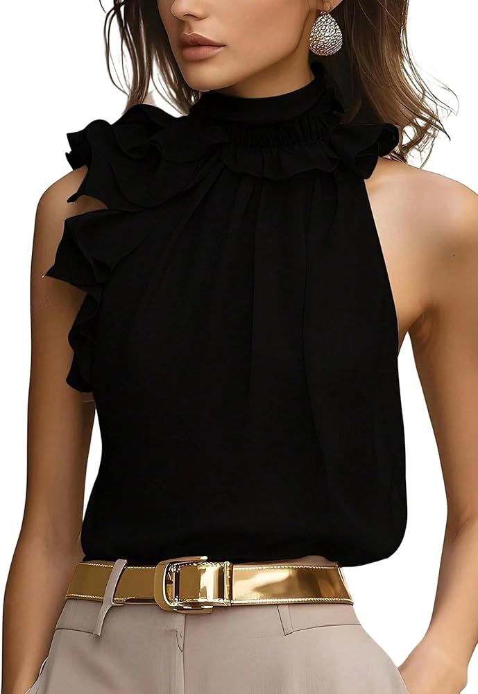 SOLY HUX Women's Elegant Blouse Ruffle Trim Sleeveless Mock Neck Halter Tank Top Office Outfit | Amazon (US)
