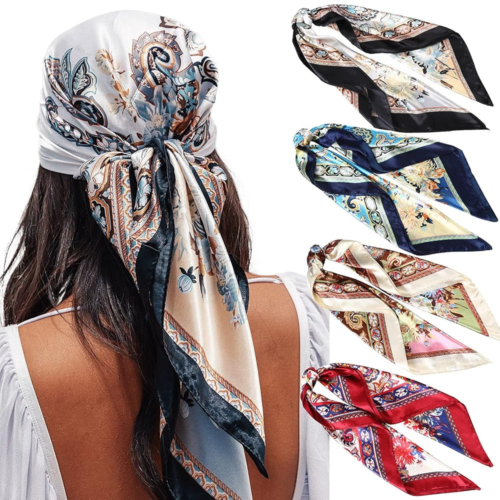 AWAYTR 35” Satin Large Square Head Scarves - 4PCS Silk Like Neck Scarf Hair Sleeping Wraps Sati... | Amazon (US)