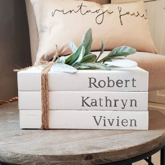 Family Bookstack Decor  Stamped Books  White Book Stack  - Etsy | Etsy (US)
