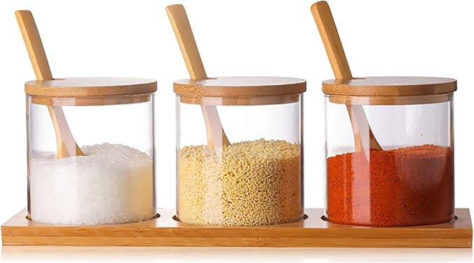 Condiment Container Seasoning Box Set Glass Condiment Canisters Pots with Wooden Spoon Lid and Ba... | Amazon (US)