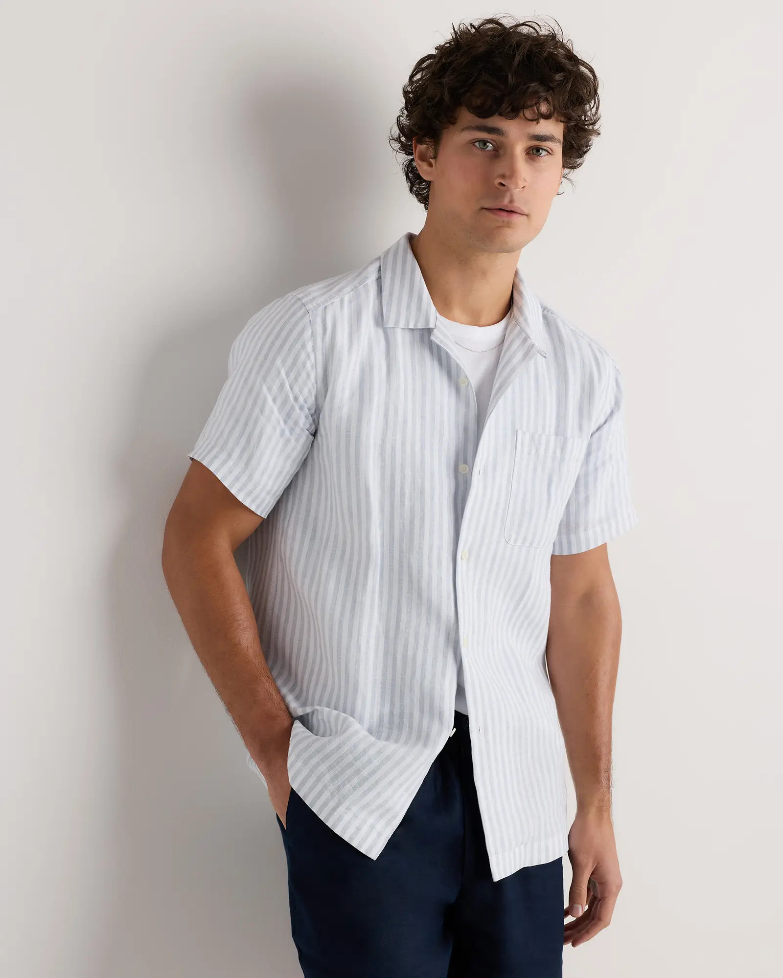 100% European Linen Camp Shirt in Sky Blue Mariner Stripe | Quince